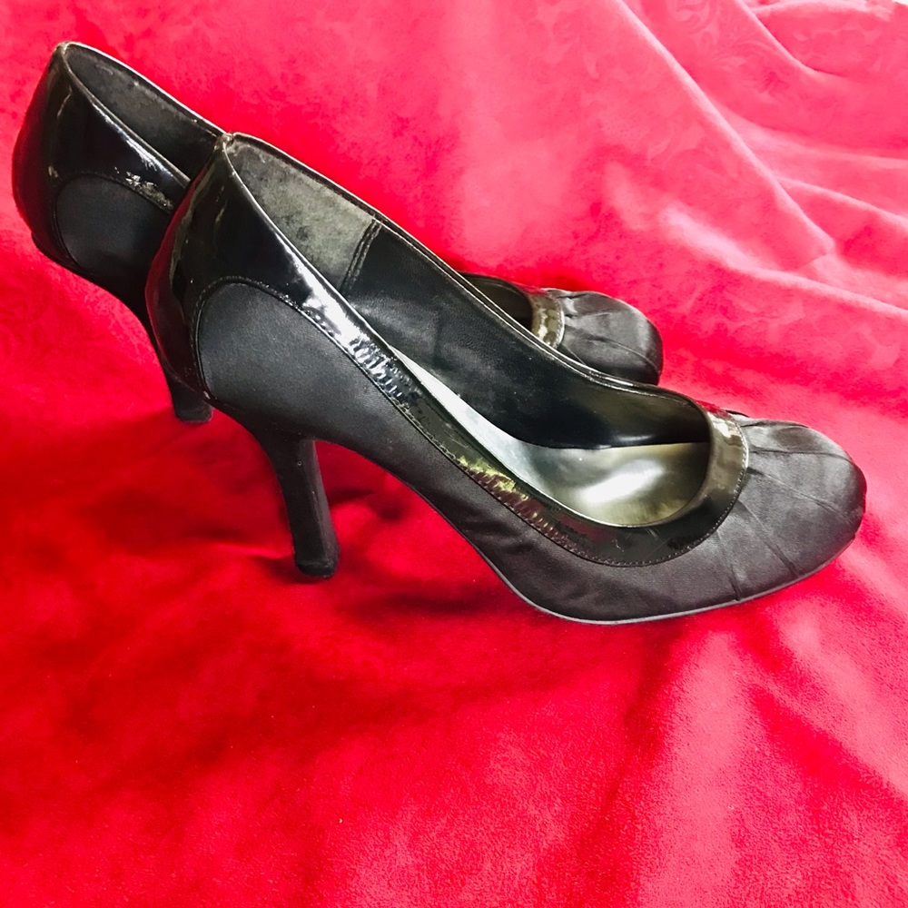 Pulse black satin and Patton leather heels Size 9